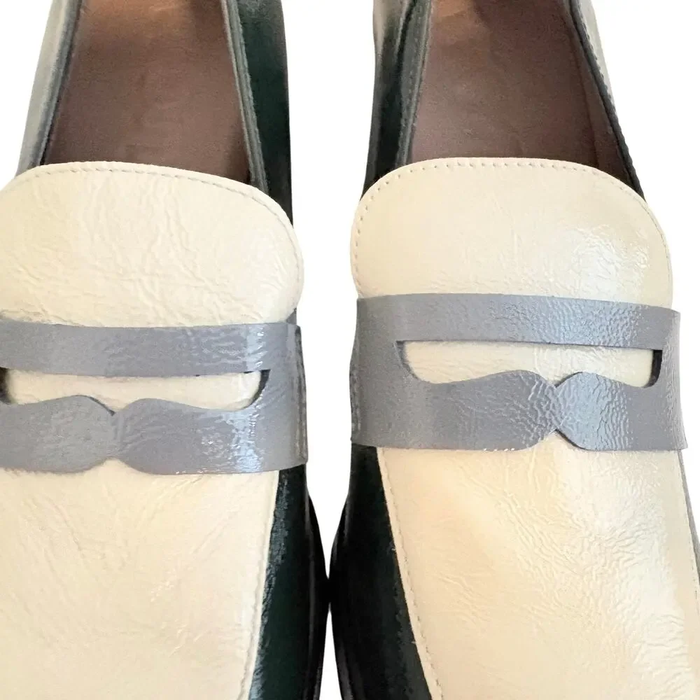 NWT Wonders Spain Forest Green Block Heel Shiny Leather Penny Loafers Pumps
